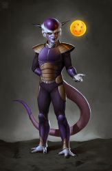 Rule 34 | 1boy, absurdres, arm behind back, armor, astor alexander, dragon ball, dragon ball (object), dragonball z, frieza, full body, highres, horns, male focus, red eyes, shin guards, shoulder armor, smile, solo, tail, watermark