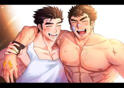 Rule 34 | 2boys, :d, ^ ^, abs, arm around shoulder, arm hair, bandaid, bandaid on face, bandaid on nose, bara, blood, blood on face, body hair, chest hair, closed eyes, doku (hitori ox), facial hair, forked eyebrows, goatee, hairy, highres, large pectorals, long sideburns, male focus, multiple boys, muscular, muscular male, nipples, open mouth, pectorals, protagonist 3 (housamo), short hair, sideburns, smile, stomach, stubble, takabushi kengo, tank top, thick eyebrows, tokyo houkago summoners, topless male, veins, veiny hands, white tank top