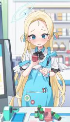 Rule 34 | 1girl, absurdres, apron, barcode scanner, black bow, black bowtie, blonde hair, blue apron, blue archive, blue eyes, blue halo, blue ribbon, blurry, blurry background, blush, bow, bowtie, buying condoms, condom box, convenience store, forehead, hair ribbon, halo, highres, icetea774, long hair, necktie, parted lips, ribbon, scrunchie, shirt, shop, short sleeves, solo, sora (blue archive), store clerk, sweat, two side up, very long hair, white scrunchie, white shirt, wrist scrunchie