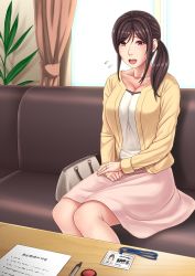 Rule 34 | 1girl, absurdres, bag, black hair, blush, breasts, cleavage, couch, curtains, handbag, highres, id card, indoors, jewelry, large breasts, legs, long hair, long sleeves, looking at viewer, open mouth, original, pink skirt, plant, ponytail, red eyes, ring, rokko, sitting, skirt, solo, table, thighs, wedding ring