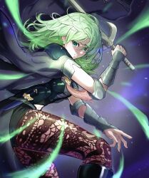 Rule 34 | 1girl, absurdres, armor, black armor, black cape, black shorts, breastplate, brown pantyhose, byleth (female) (fire emblem), byleth (fire emblem), cape, commentary request, enlightened byleth (female), fire emblem, fire emblem: three houses, fire emblem heroes, fire emblem warriors: three hopes, green eyes, green hair, highres, holding, holding sword, holding weapon, knife, long hair, looking at viewer, navel, nintendo, pantyhose, rooru kyaabetsu, short shorts, shorts, solo, sword, thighs, weapon