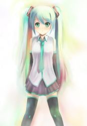 Rule 34 | bad id, bad pixiv id, detached sleeves, gradient hair, green eyes, hatsune miku, highres, lino-lin, long hair, multicolored hair, necktie, solo, thighhighs, twintails, very long hair, vocaloid, zettai ryouiki