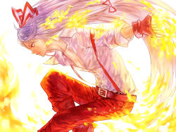 Rule 34 | 1girl, belt, breasts, cleavage, fingerless gloves, fire, fire, from side, fujiwara no mokou, gloves, hair ribbon, highres, light purple hair, long hair, mister rhino (wangzisama1001), pants, popped collar, red eyes, red gloves, red pants, ribbon, serious, shirt, silver hair, sleeves rolled up, small breasts, solo, suspenders, touhou, tress ribbon, very long hair, white shirt