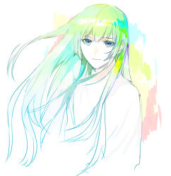 Rule 34 | 1boy, 1girl, androgynous, aqua hair, blonde hair, blue eyes, blunt bangs, colored eyelashes, enkidu (fate), fate/grand order, fate/strange fake, fate (series), green hair, head tilt, long hair, long sleeves, looking at viewer, male focus, multicolored background, multicolored hair, original, sidelocks, sketch, smile, solo, tsukimoto aoi, unfinished, very long hair, wind