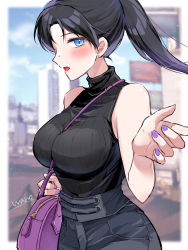 Rule 34 | 1girl, absurdres, alternate hairstyle, animification, apex legends, bag, between breasts, black hair, black pants, black sweater, blue eyes, blurry, blurry background, breasts, hair behind ear, handbag, highres, holding, holding bag, medium breasts, nail polish, nose piercing, pants, parted bangs, piercing, ponytail, purple bag, purple nails, ribbed sweater, sleeveless, sleeveless sweater, solo, strap between breasts, sweater, sweater tucked in, wano (azayakam), wraith (apex legends)