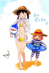 Rule 34 | 2girls, :o, age difference, arm at side, ball, barefoot, beachball, bikini, black-framed eyewear, black hair, blue sky, blunt bangs, blush, blush stickers, bob cut, bowl cut, breasts, brown eyes, candy, child, cleavage, cloud, cloudy sky, commentary request, day, dot nose, expressionless, eyelashes, food, full body, glasses, green eyes, hat, head tilt, holding, holding candy, holding food, holding lollipop, hood, hood down, hooded jacket, innertube, jacket, kawamoto hinata, kawamoto momo, knees together feet apart, leaf, lollipop, looking away, multiple girls, navel, official art, one-piece swimsuit, open clothes, open jacket, orange hair, parted lips, plant, polka dot, polka dot bikini, round teeth, sangatsu no lion, shaded face, siblings, sisters, sky, small breasts, standing, straw hat, striped clothes, striped one-piece swimsuit, sweets, swim ring, swimsuit, teeth, themed object, thigh gap, toenails, translation request, twintails, upper teeth only, walking, white jacket, yellow bikini, yokota takumi