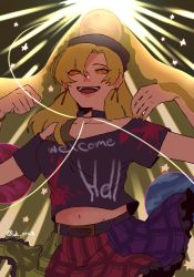Rule 34 | 1girl, artist name, bare shoulders, belt, black belt, black choker, black headwear, black shirt, blonde hair, breasts, choker, clothes writing, earrings, earth (ornament), green skirt, hair between eyes, heart, heart print, hecatia lapislazuli, hecatia lapislazuli (moon), highres, jewelry, light, looking at viewer, medium breasts, medium hair, moon (ornament), multicolored clothes, multicolored skirt, off shoulder, one-hour drawing challenge, open mouth, plaid, plaid skirt, purple skirt, raya (uk 0128), red skirt, shadow, shirt, short sleeves, skirt, smile, solo, star (symbol), t-shirt, touhou, twitter username, yellow eyes