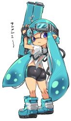 Rule 34 | 1girl, ass, bike shorts, blue footwear, blue hair, boots, fang, female focus, fingerless gloves, full body, gloves, goggles, goggles on head, holding, holding weapon, inkling, inkling girl, inkling player character, karukan (monjya), looking at viewer, nintendo, pointy ears, purple eyes, shirt, simple background, solo, splatoon (series), splatoon 3, standing, tentacle hair, torn clothes, torn shirt, turning head, weapon, white background