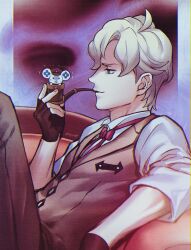 Rule 34 | 1boy, ace attorney, amemomism, artist name, blonde hair, blue eyes, brown gloves, brown vest, chuunosuke (ace attorney), collared shirt, couch, fingerless gloves, from side, gloves, grey pants, hand up, herlock sholmes, highres, holding, holding smoking pipe, looking at another, male focus, neck ribbon, on couch, pants, pink ribbon, ribbon, scared, shirt, short hair, sleeves rolled up, smile, smoking pipe, sweatdrop, the great ace attorney, trembling, turn pale, vest, white shirt