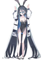 Rule 34 | absurdres, animal ears, aqua eyes, aris (blue archive), bare legs, black hair, black leotard, blue archive, covered navel, halo, highleg, highleg leotard, highres, jacket, leotard, long hair, looking at viewer, one side up, playboy bunny, rabbit ears, simple background, smile, solo, tachibana shiori (suica 112), very long hair, white jacket