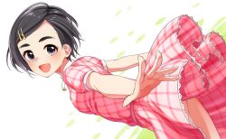 Rule 34 | 1girl, black hair, blush, breasts, dress, dutch angle, floating clothes, from behind, hair ornament, hairclip, idolmaster, idolmaster cinderella girls, idolmaster cinderella girls starlight stage, jewelry, looking at viewer, looking back, matsuo chizuru, necklace, open mouth, outstretched arms, plaid, plaid dress, purple eyes, red dress, satoshiheart, short hair, short sleeves, small breasts, smile, solo, thick eyebrows, two-tone background