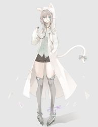 Rule 34 | 1girl, :p, animal ears, animal hood, black shorts, cat ears, cat hood, cat tail, coat, full body, green eyes, grey background, grey hair, grey thighhighs, hand in pocket, hand up, highres, hood, long hair, looking at viewer, monocle, open clothes, open coat, original, over-kneehighs, pigeon-toed, roller skates, shorts, simple background, skates, solo, standing, stethoscope, tail, thighhighs, thighs, tlla, tongue, tongue out