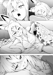 Rule 34 | 10s, 1629doyasa, 1girl, ^^^, absurdres, aged up, alternate hair length, alternate hairstyle, animal ears, bed sheet, blanket, blush, breasts, cleavage, close-up, comic, greyscale, grin, highres, japari symbol, kemono friends, large breasts, looking at viewer, lying, monochrome, naughty face, on bed, on side, open mouth, pillow, pov, serval (kemono friends), serval print, serval tail, silent comic, skirt, unworn skirt, sleepy, sleeveless, smile, solo, striped tail, tail, undressing, unzipping