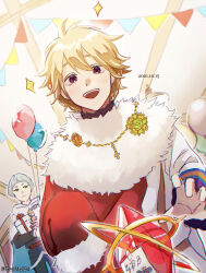 Rule 34 | 2boys, aged down, balloon, black clover, blonde hair, blue hair, cloak, dated, fur-trimmed cloak, fur trim, gen me, happy birthday, highres, julius novachrono, looking at another, male focus, marx (black clover), medal, multiple boys, open mouth, purple eyes, red cloak, smile, twitter username