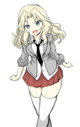 Rule 34 | 10s, 1girl, black necktie, blazer, blonde hair, blouse, blue eyes, commentary request, days135, dress shirt, girls und panzer, grey jacket, hair intakes, highres, jacket, kay (girls und panzer), long hair, long sleeves, looking at viewer, miniskirt, necktie, open clothes, open jacket, open mouth, pleated skirt, red skirt, saunders school uniform, school uniform, shirt, sketch, skirt, sleeves rolled up, smile, solo, standing, thighhighs, white shirt, white thighhighs