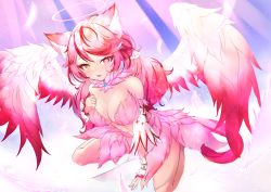 Rule 34 | 1girl, angel, angel wings, animal ears, asymmetrical wings, breasts, cleavage, colored inner hair, dress, feather necklace, feathered wings, feathers, halo, heterochromia, highres, jewelry, large breasts, light rays, long hair, looking at viewer, matcha tea fuji, multicolored eyes, multicolored hair, necklace, open mouth, original, pink eyes, pink hair, pink halo, pink skirt, red hair, skirt, smile, solo, sunbeam, sunlight, white wings, wings, yellow eyes