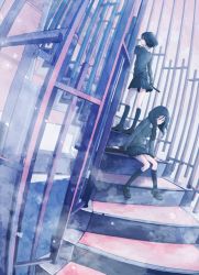 Rule 34 | 2girls, 456, arm support, black hair, dutch angle, gun, handgun, light particles, loafers, long hair, looking at viewer, looking back, multiple girls, muted color, original, pistol, school uniform, shoes, short hair, sitting, stairs, sword, weapon