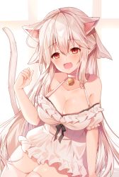 Rule 34 | 1girl, :d, animal ears, bare shoulders, bell, black bow, blush, bow, breasts, cat ears, cat girl, cat tail, choker, cleavage, collarbone, dress, fang, frilled dress, frills, hair between eyes, hair ribbon, hand up, jingle bell, long hair, medium breasts, neck bell, off-shoulder dress, off shoulder, omuretsu, open mouth, original, puffy short sleeves, puffy sleeves, red eyes, ribbon, short sleeves, silver hair, smile, solo, tail, tail raised, thighhighs, very long hair, white choker, white ribbon, white thighhighs