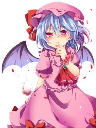 Rule 34 | 1girl, ascot, bad id, bad twitter id, blood, blood from mouth, blood on hands, blue hair, dress, frilled dress, frills, glass, hat, mob cap, puffy short sleeves, puffy sleeves, red eyes, remilia scarlet, short hair, short sleeves, smile, touhou, uguisu mochi (ykss35)