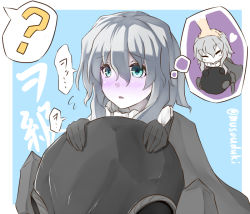 Rule 34 | 10s, 1girl, ?, abyssal ship, aqua eyes, bad id, bad pixiv id, blush, cape, hat, unworn hat, headpat, unworn headwear, heart, kantai collection, musouduki, open mouth, outside border, pale skin, short hair, short hair with long locks, silver hair, solo, spoken question mark, thought bubble, translation request, uki, wo-class aircraft carrier