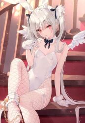 Rule 34 | animal ears, ankle cuff, chain, fake animal ears, fishnets, gloves, highres, leotard, naughty face, original, playboy bunny, rabbit ears, red eyes, rurudo, twintails, white hair, wings