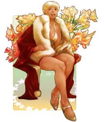 Rule 34 | 1girl, bare legs, blonde hair, breasts, cleavage, coat, commentary request, dress, flower, fur trim, highres, invisible chair, looking to the side, open mouth, original, outside border, red eyes, shoes, short hair, sitting, smile, solo, very short hair, vigwer