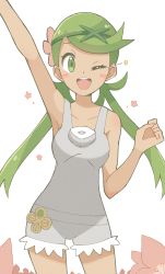 Rule 34 | 1girl, :d, arm up, armpits, blush, commentary request, creatures (company), etyaduke, eyelashes, flower, game freak, green eyes, green hair, grey overalls, hair flower, hair ornament, highres, mallow (pokemon), nintendo, one eye closed, open mouth, overalls, pokemon, pokemon sm, smile, solo, standing, star (symbol), swept bangs, teeth, tongue, twintails, upper teeth only, wink