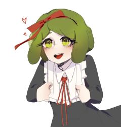 Rule 34 | black dress, blush, bow, bowtie, collared dress, danganronpa (series), danganronpa another episode: ultra despair girls, dress, eyebrows, eyebrows hidden by hair, eyelashes, green eyes, hair bow, hair ribbon, hands up, heart, long sleeves, looking at viewer, neck ribbon, open mouth, red bow, red headwear, red ribbon, ribbon, simple background, teeth, tongue, towa monaca, upper teeth only, white background