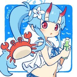 Rule 34 | 1girl, bikini, blue archive, blue bikini, blue hair, blue halo, blush, bottle, breasts, chise (blue archive), chise (swimsuit) (blue archive), commentary request, crab, flower, front-tie bikini top, front-tie top, hair flower, hair ornament, halo, holding, holding bottle, horns, looking at viewer, navel, official alternate costume, oni horns, onyhakase, open mouth, plastic bottle, ponytail, red eyes, red horns, sailor bikini, sailor collar, small breasts, solo, striped bikini, striped clothes, swimsuit, upper body, white flower, white sailor collar