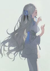 Rule 34 | 1girl, blue dress, blue flower, blue hair, dress, flower, grey background, grey eyes, grey hair, hair flower, hair ornament, hair over one eye, hands up, highres, isekai joucho, kamitsubaki studio, long hair, long sleeves, looking at viewer, multicolored hair, nekoreito, open mouth, pantyhose, sideways glance, simple background, smile, solo, two-tone dress, two-tone hair, very long hair, virtual youtuber, white dress, white pantyhose