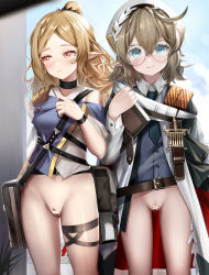 Rule 34 | absurdres, arknights, armor, bar censor, bare shoulders, belt, belt buckle, black necktie, blonde hair, blue eyes, blush, book, bottomless, braid, brown hair, buckle, censored, character request, cleft of venus, closed mouth, cowboy shot, croque diamondface (arknights), deculture silvermint (arknights), embarrassed, glasses, hair bun, highres, holding, holding book, long hair, looking away, looking to the side, necktie, nopetroto, parted bangs, pointy ears, pussy, pussy juice, red eyes, rimless eyewear, short hair, short sleeves, shoulder armor, side braid, thigh strap
