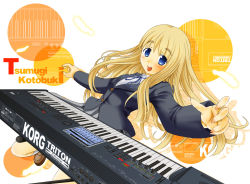 Rule 34 | 1girl, blonde hair, blue eyes, blush, character name, highres, instrument, k-on!, keyboard (instrument), korg, kotobuki tsumugi, long hair, nashigami tsubute, solo