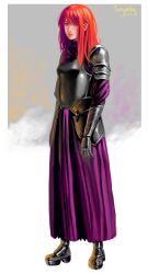 Rule 34 | 1girl, absurdres, armor, armored boots, armored dress, blush, boots, dress, eyebrows hidden by hair, grey armor, hair behind ear, highres, original, pink dress, red eyes, red hair, red lips, serious, shoulder armor, solo, vaguety