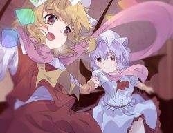 Rule 34 | 2girls, ascot, bat wings, blonde hair, blurry, blurry background, breasts, brown eyes, brown gloves, closed mouth, commentary request, cowboy shot, fang, flandre scarlet, frilled skirt, frills, gloves, hair between eyes, hat, highres, holding hands, long sleeves, mob cap, multiple girls, ninniku (mfu7324), open mouth, pink scarf, puffy short sleeves, puffy sleeves, purple hair, red ascot, red skirt, red vest, remilia scarlet, scarf, shirt, short sleeves, siblings, sisters, skirt, skirt set, small breasts, smile, touhou, vest, white headwear, white shirt, wings, yellow ascot