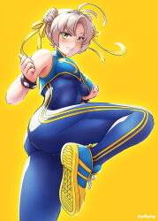 Rule 34 | 1girl, antenna hair, arthur ko, ass, blue footwear, breasts, capcom, chun-li, chun-li (cosplay), commission, cosplay, foot out of frame, green eyes, grey hair, grin, highres, kantai collection, kinugasa (kancolle), medium breasts, pixiv commission, shoes, simple background, smile, solo, street fighter, twitter username, yellow background