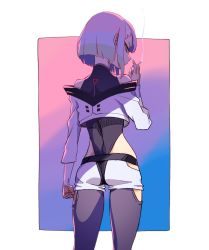 Rule 34 | 1girl, ass, bare shoulders, bodysuit, coat, cyberpunk, cyberpunk (series), cyberpunk 2077, cyberpunk edgerunners, highres, jacket, leotard, lucy (cyberpunk), multicolored eyes, multicolored hair, open clothes, open jacket, pale skin, parted bangs, poliwiloq, short hair, short shorts, shorts, smoking, solo