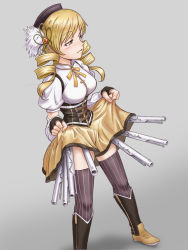 Rule 34 | 10s, 1girl, beret, blonde hair, blush, boots, breasts, brown thighhighs, clothes lift, detached sleeves, drill hair, fingerless gloves, gloves, gradient background, gun, hair ornament, hairpin, hat, large breasts, magical girl, magical musket, mahou shoujo madoka magica, mahou shoujo madoka magica (anime), md5 mismatch, musket, pleated skirt, puffy sleeves, ribbon, skindentation, skirt, skirt lift, solo, striped clothes, striped thighhighs, thighhighs, tomoe mami, twin drills, twintails, vertical-striped clothes, vertical-striped thighhighs, weapon, yellow eyes, yoshikawa kazunori, zettai ryouiki