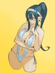 Rule 34 | 1girl, bikini, blue eyes, blush, breasts, character request, cleavage, green hair, hairband, kazutaka, large breasts, long hair, looking at viewer, navel, ponytail, simple background, slingshot swimsuit, solo, swimsuit, white bikini, yellow background