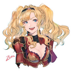 Rule 34 | 1girl, :d, black hairband, blonde hair, blue eyes, braid, breasts, character name, cleavage, cropped arms, cropped torso, floating hair, granblue fantasy, hair intakes, hairband, long hair, looking at viewer, medium breasts, open mouth, shimatani azu, single braid, sketch, smile, solo, upper body, zeta (granblue fantasy)