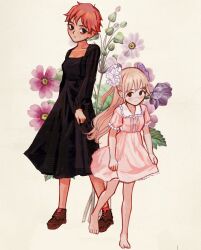 Rule 34 | 2girls, barefoot, black dress, blonde hair, breasts, dress, feet, flesh blood &amp; concrete, flower, freckles, full body, height difference, io (onisarashi), lera (flesh blood &amp; concrete), long hair, medium breasts, multiple girls, nika (flesh blood &amp; concrete), pink dress, red hair, shoes, short hair, small breasts