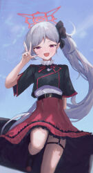 Rule 34 | 1girl, blue archive, jianjia, looking at viewer, mutsuki (blue archive), open mouth, purple eyes, red skirt, side ponytail, skirt, smile, solo, white hair