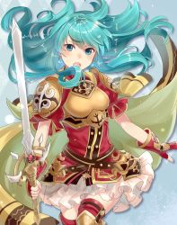 Rule 34 | :o, aqua eyes, aqua hair, armor, blue background, boots, breastplate, earrings, eirika (fire emblem), fingerless gloves, fire emblem, fire emblem: the sacred stones, gloves, haru (nakajou-28), highres, holding, holding sword, holding weapon, jewelry, long hair, nintendo, red gloves, red thighhighs, simple background, skirt, solo, sword, teeth, thigh boots, thighhighs, weapon, white skirt, zettai ryouiki