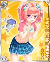 Rule 34 | 1girl, asymmetrical legwear, breasts, character name, clenched hands, dithered background, dithering, english text, girlfriend (kari), glasses, hair ornament, hands up, looking at viewer, medium breasts, medium hair, mismatched legwear, nejikawa raimu, official art, open mouth, pink hair, plaid, plaid skirt, purple eyes, qp:flapper, robot, roller skates, shoes, skates, skirt, smile, sneakers, solo, standing, tagme, twintails, yellow background