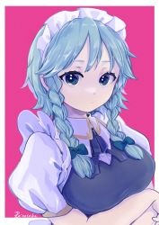 Rule 34 | 1girl, arms under breasts, artist name, blue eyes, border, bow, braid, breasts, buttons, expressionless, frills, gold trim, green bow, grey hair, hair bow, hair ribbon, highres, izayoi sakuya, large breasts, looking at viewer, low twin braids, maid headdress, outside border, pink background, puffy short sleeves, puffy sleeves, purple background, rai (3stone), ribbon, short hair with long locks, short sleeves, solo, touhou, tress ribbon, twin braids, upper body, white border, wing collar