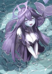 Rule 34 | 1girl, black dress, breasts, cleavage, colored skin, crossed bangs, dress, facial mark, fins, fish tail, grey skin, grug art, halo, highres, horns, indie virtual youtuber, large breasts, long hair, megalodon (vtuber), open mouth, partially submerged, purple eyes, purple hair, shark girl, shark tail, sharp teeth, single horn, solo, tail, teeth, virtual youtuber, water