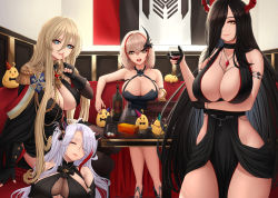 Rule 34 | 4girls, absurdres, aiguillette, alcohol, arm under breasts, armlet, azur lane, bad id, bad pixiv id, bare shoulders, bismarck (azur lane), bismarck (beacon of the iron blood) (azur lane), bismarck (beacon of the iron blood) (azur lane), black choker, black dress, black gloves, black hair, blonde hair, blue eyes, bottle, breasts, brown eyes, choker, cleavage, closed eyes, closed mouth, commentary, crossed legs, cup, dress, drinking glass, english commentary, epaulettes, fingerless gloves, friedrich der grosse (azur lane), gloves, hair between eyes, hair over one eye, hair ribbon, halterneck, hat, highres, huge filesize, ice, ice cube, index finger raised, indoors, iron blood (emblem), large breasts, long hair, looking at viewer, lying, manjuu (azur lane), medium hair, multicolored hair, multiple girls, nail polish, on back, parted lips, partially fingerless gloves, party hat, prinz eugen (azur lane), prinz eugen (cordial cornflower) (azur lane), ribbon, roon (azur lane), roon (dark red grin) (azur lane), see-through, silver hair, sitting, sleeping, streaked hair, thighs, two side up, very long hair, wine glass, yellow eyes, zaphn