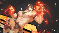 Rule 34 | 1boy, :o, abs, alca (wakatanka4), alca the lion, animal ears, armband, bara, beard, black hair, briefs, bulge, chest hair, commission, dogephalus, facial hair, feet out of frame, fighting stance, flaming hand, furry, furry male, gluteal fold, gyee, highres, jewelry, jumping, large pectorals, lion boy, lion ears, lion tail, male focus, male underwear, mature male, muscular, muscular male, navel, navel hair, necklace, nipples, original, pectorals, red eyes, short hair, sideburns, solo, stomach, tail, thick eyebrows, thick thighs, thighs, tooth necklace, topless male, underwear