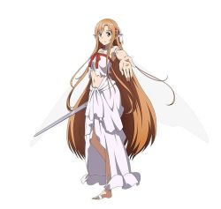 Rule 34 | 10s, 1girl, ankle lace-up, anklet, armband, armpits, asuna (sao), barefoot, brown eyes, brown hair, crop top, cross-laced footwear, feet, foreshortening, full body, highres, holding, holding sword, holding weapon, jewelry, long hair, long legs, looking at viewer, midriff, navel, no shoes, official art, outstretched arm, outstretched hand, pointy ears, simple background, smile, solo, sword, sword art online, sword art online: code register, titania (sao), very long hair, weapon, white armband, white background, wings