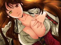 Rule 34 | 1girl, areola slip, breasts, brown hair, game cg, heterochromia, josephine march (ourai no gahkthun), large breasts, liarsoft, long hair, nipples, ourai no gahkthun, steampunk (liarsoft)