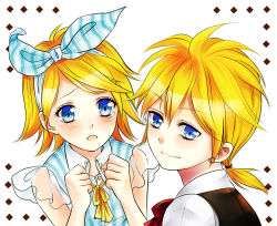 Rule 34 | 1boy, 1girl, blonde hair, blue eyes, brother and sister, clenched hands, crying, crying with eyes open, hair ribbon, hair tie, hairband, kagamine len, kagamine rin, kotetu han, looking at viewer, open mouth, ponytail, ribbon, shirt, siblings, sleeveless, smile, striped clothes, striped shirt, tears, twins, vocaloid